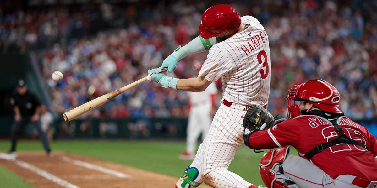 Jul 19, 2025; Philadelphia, Pennsylvania, USA; Philadelphia Phillies first base Bryce Harper (3) hits a two RBI home run during the eighth inning against the Los Angeles Angels at Citizens Bank Park.