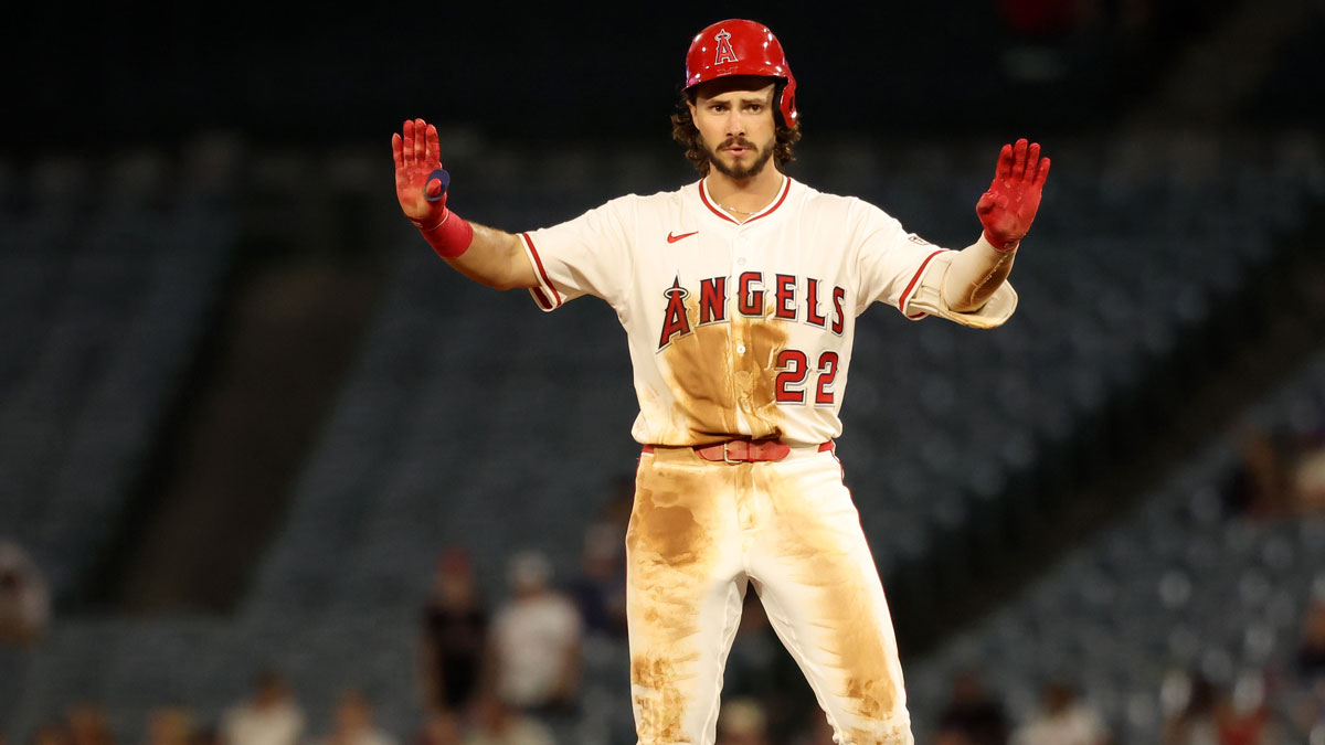  Los Angeles Angels center fielder Bryce Teodosio (22) reacts after hitting a double during the sixth inning against the Tampa Bay Rays at Angel Stadium. 
