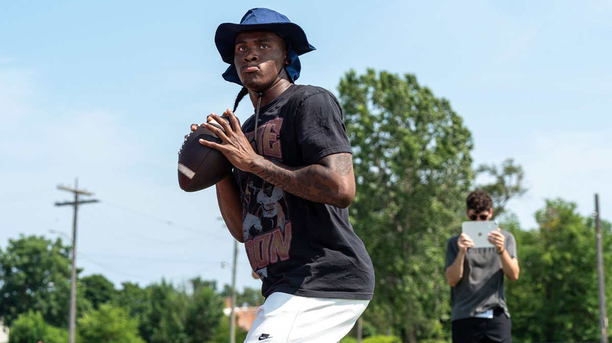 Bryce Underwood, 17, a freshman quarterback at the University of Michigan and the nation’s No. 1 recruit in the 2025 class, participates in a football drill during a private workout in Detroit on Saturday, June 21, 2025.