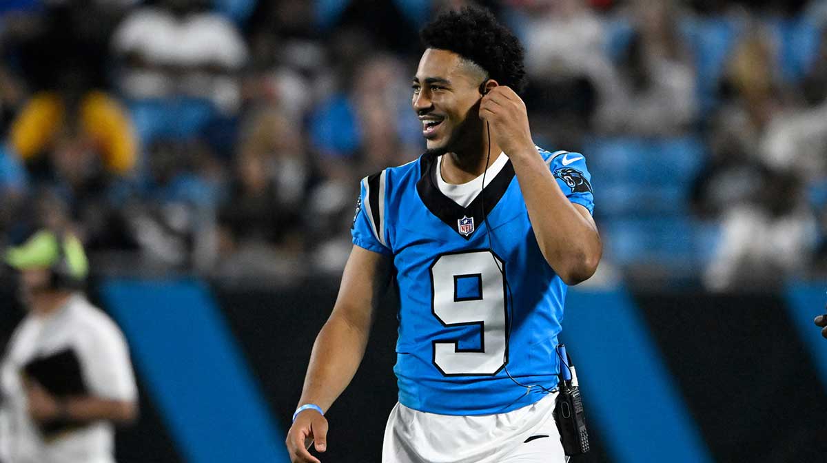 Carolina Panthers quarterback Bryce Young (9) on the sidelines in the third quarter