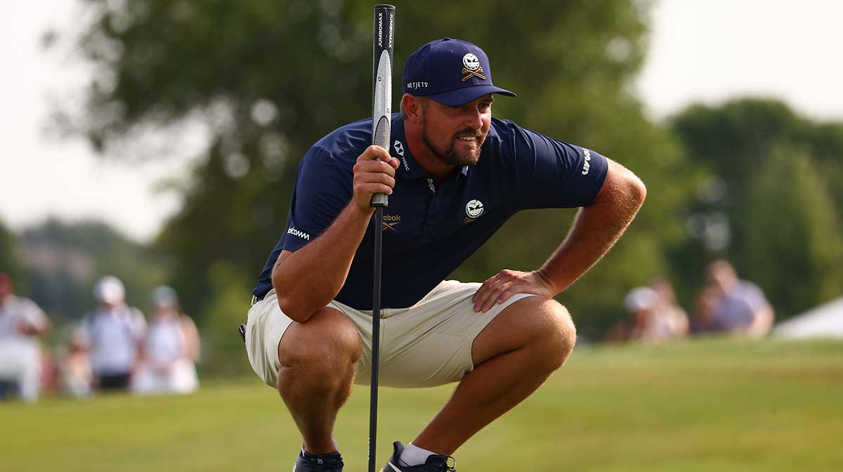 Bryson DeChambeau of the Crushers GC lines up his putt on first hole during the third round of the LIV Golf Chicago tournament at Bolingbrook Golf Club