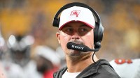 Tampa Bay Buccaneers offensive coordinator Josh Grizzard watches the action against the Pittsburgh Steelers during the second half at Acrisure Stadium.