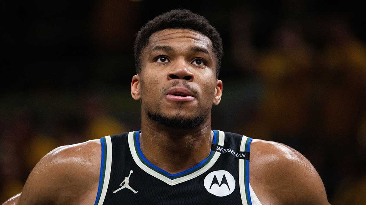 Bucks forward Giannis Antetokounmpo (34) during game five of the first round for the 2024 NBA Playoffs against the Indiana Pacers at Gainbridge Fieldhouse with the Greek Basketball Federation in the background