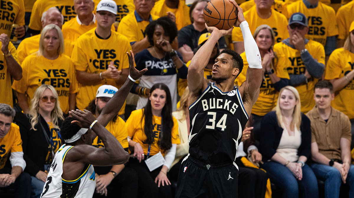 Bucks forward Giannis Antetokounmpo (34) shoots the ball while Indiana Pacers forward Pascal Siakam (43) defends during game five of the first round for the 2024 NBA Playoffs at Gainbridge Fieldhouse