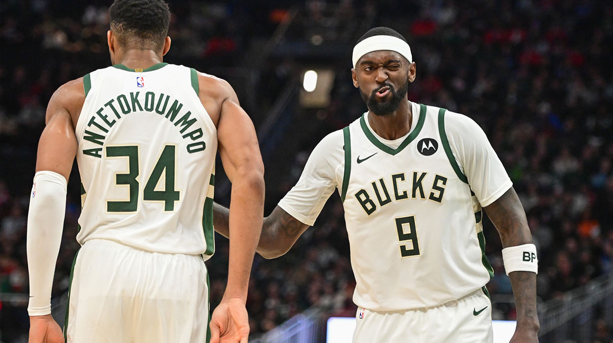 Bucks forward Bobby Portis (9) reacts with forward Giannis Antetokounmpo (34) after scoring a basket in the fourth quarter against the Chicago Bulls at Fiserv Forum