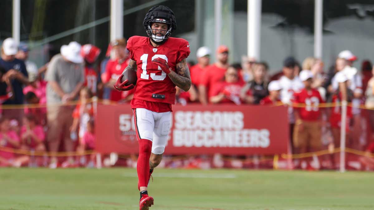 Aug 1, 2025; Tampa, FL, USA; Tampa Bay Buccaneers wide receiver Mike Evans (13) participates in training camp at AdventHealth Training Center.