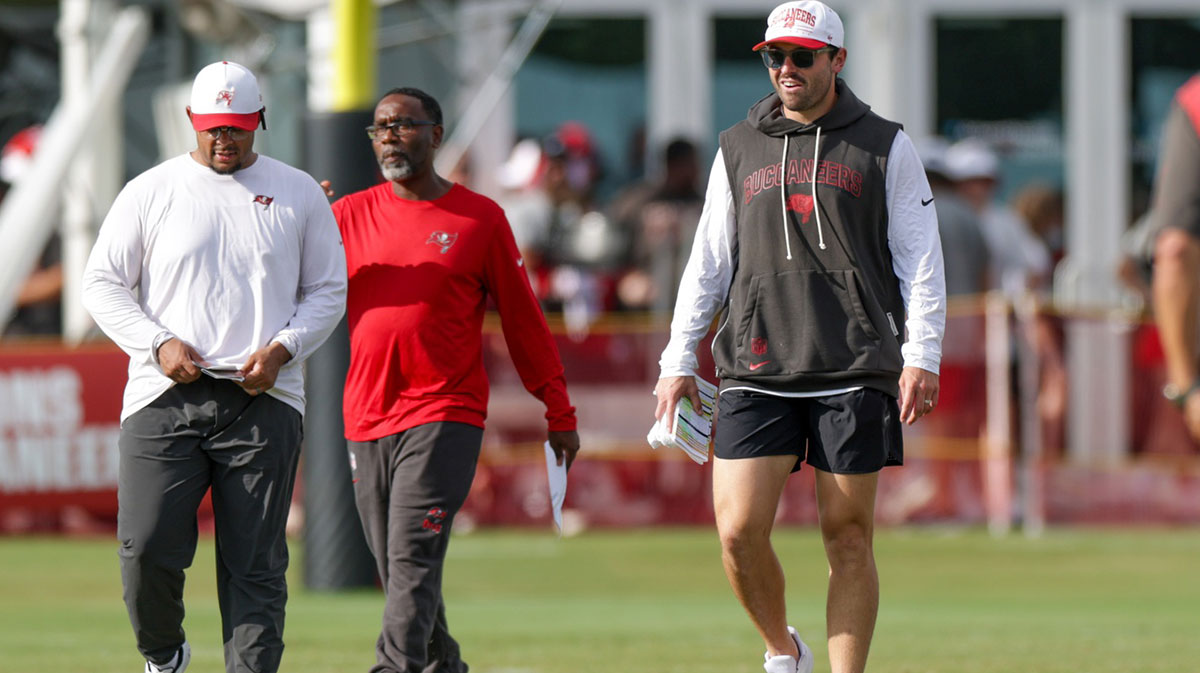 Tampa Bay Buccaneers quarterback Baker Mayfield (6) looks on during training camp at AdventHealth Training Center.
