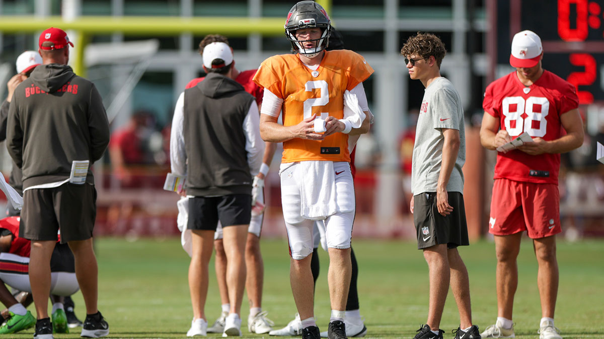 Tampa Bay Buccaneers quarterback Kyle Trask (2) participates in training camp at AdventHealth Training Center.