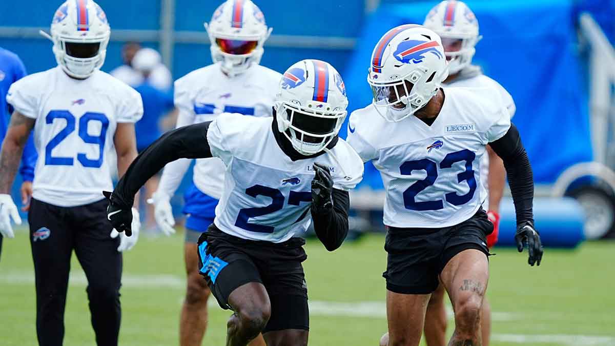 Buffalo Bills Tre’Davious White and Dane Jackson race during a drill at the practice facility on May 27, 2025.