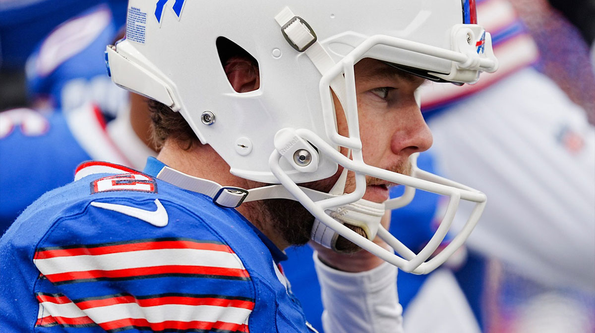 Buffalo Bills place kicker Tyler Bass during the first half of the Buffalo Bills wild card game against the Denver Broncos at Highmark Stadium in Orchard Park on Jan. 12, 2025.