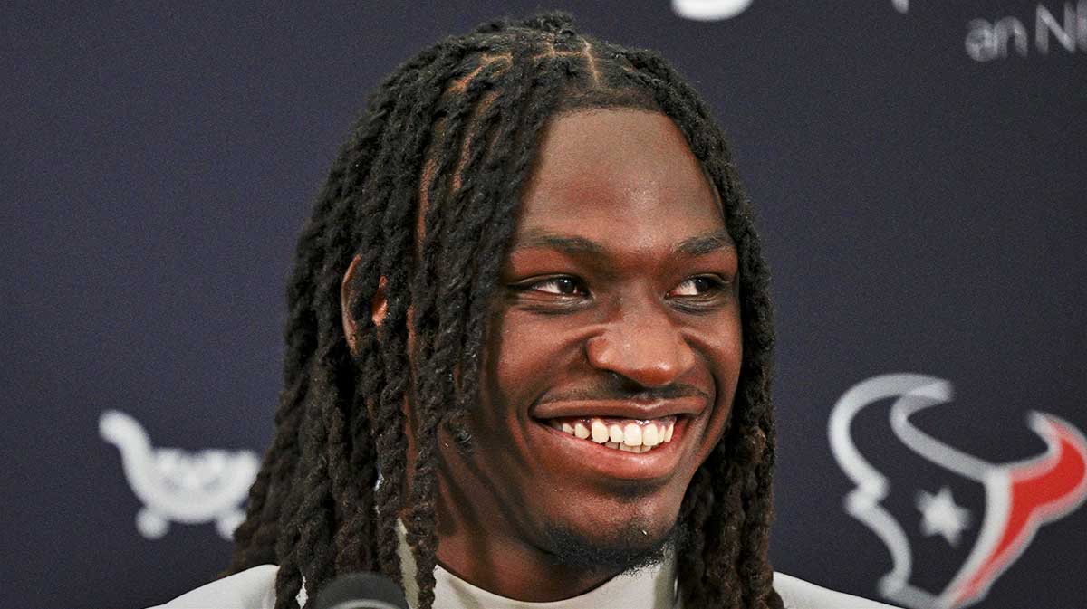 Houston Texans safety Calen Bullock speaks at a press conference after an NFL football minicamp at NRG Stadium.