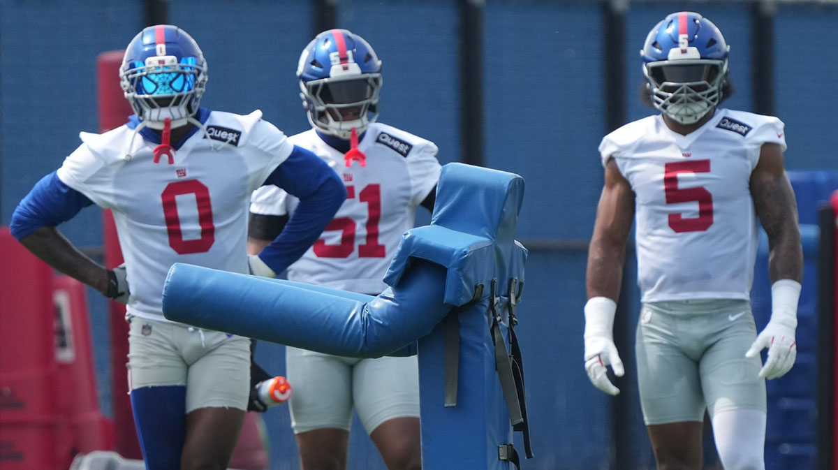 Linebackers, Brian Burns, Abdul Carter and Kayvon Thibodeaux as the New York Giants players participate in their 2025 OTAÕs at the Quest Diagnostic Giants Training Center in East Rutherford.