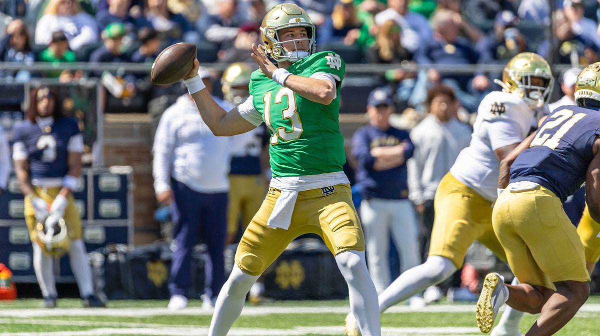 Notre Dame Fighting Irish quarterback CJ Carr (13) throws a pass during the Blue-Gold game at Notre Dame Stadium.