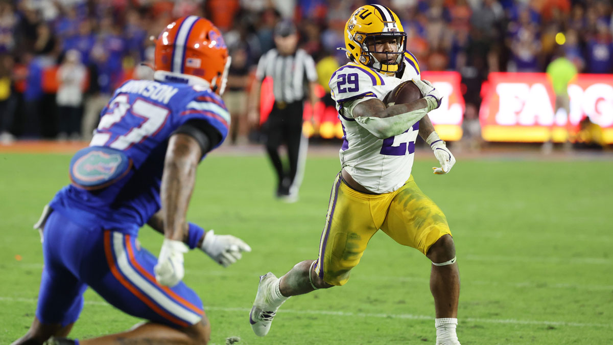 LSU Tigers running back Caden Durham (29) runs with the ball as Florida Gators defensive back Dijon Johnson (27) defends during the second half at Ben Hill Griffin Stadium.