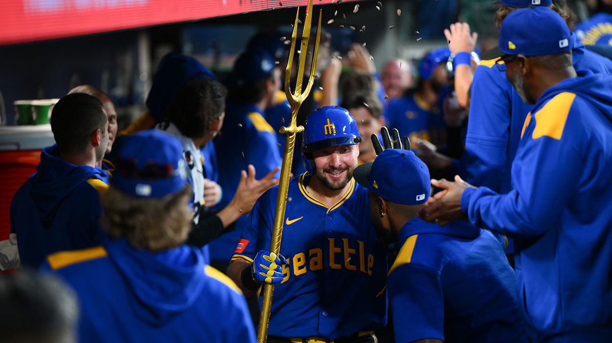 Seattle Mariners catcher Cal Raleigh (29) celebrates after hitting a 3-run home run against the Tampa Bay Rays during the eighth inning at T-Mobile Park.