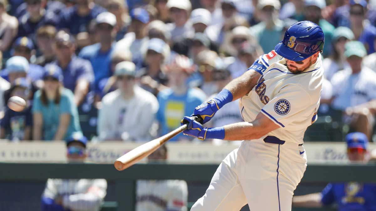 Seattle Mariners designated hitter Cal Raleigh (29) hits a two-run home run against the Tampa Bay Rays during the first inning at T-Mobile Park
