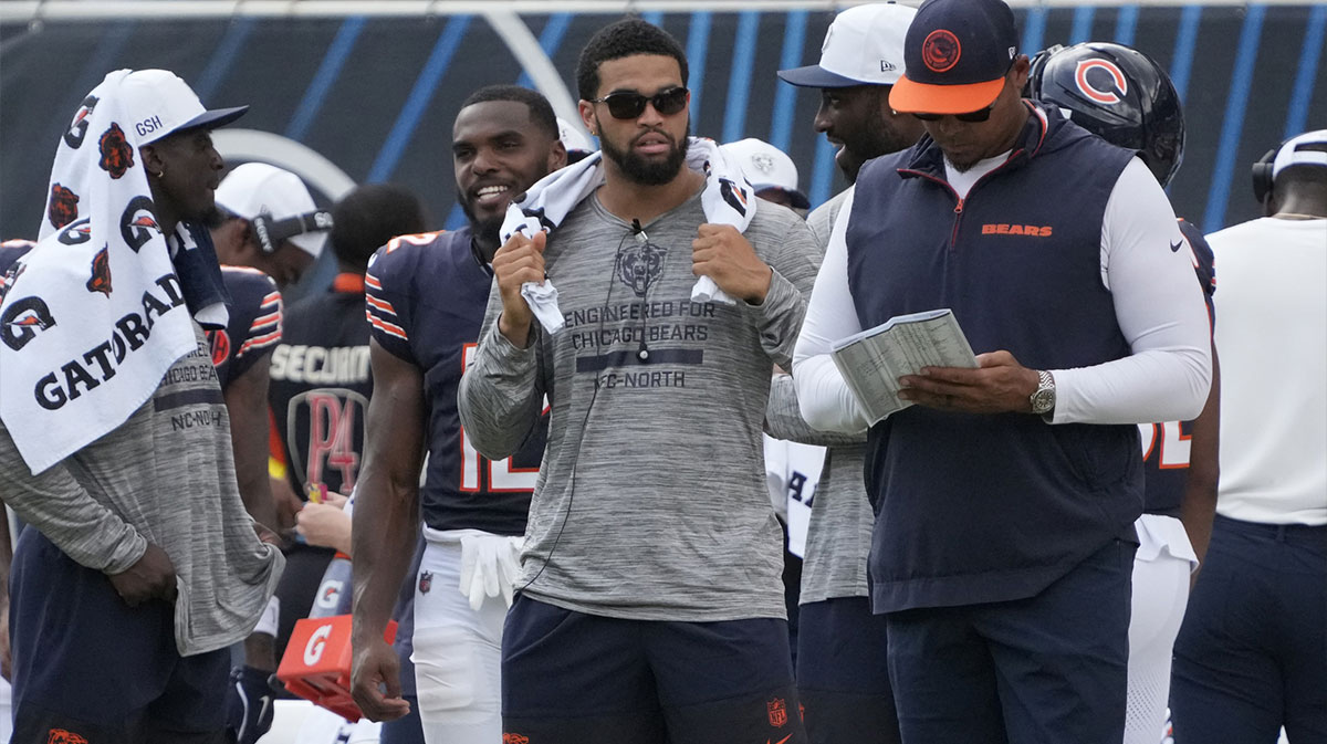 Chicago Bears quarterback Caleb Williams (18) on the sidelines against the Miami Dolphins during the second half at Soldier Field.