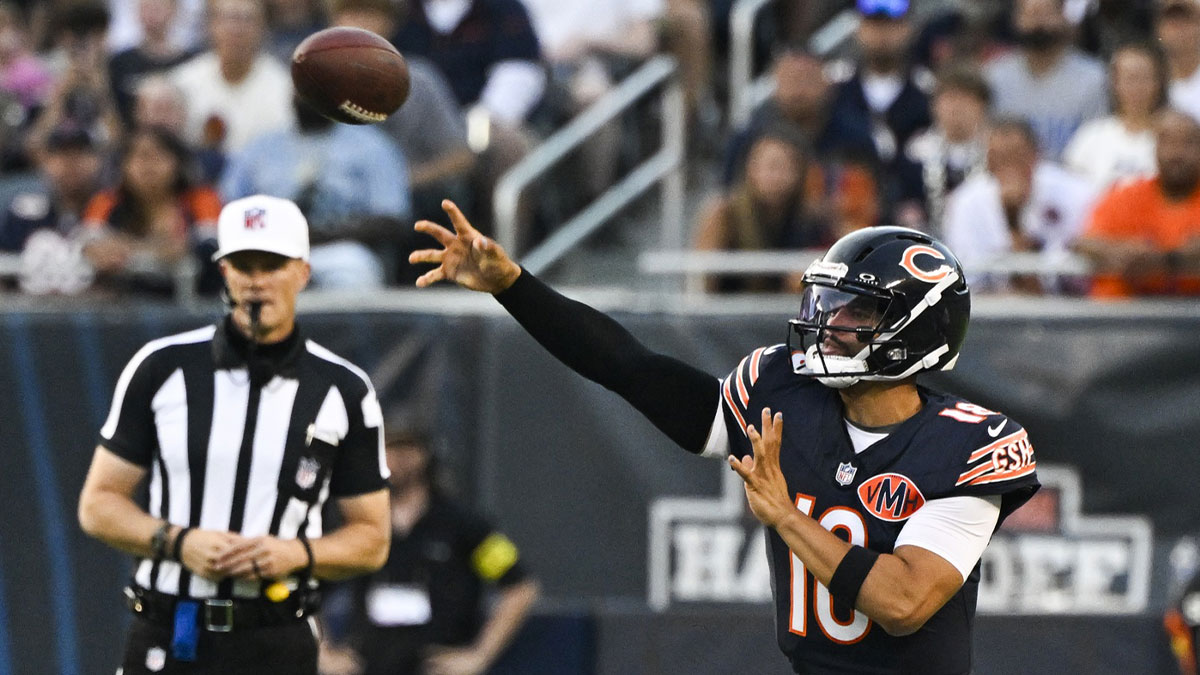 Chicago Bears quarterback Caleb Williams (18) throws the ball during the first half against the Buffalo Bills at Soldier Field.