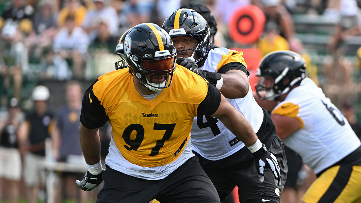 Pittsburgh Steelers defensive tackle Cameron Heyward (97) participates in drills during training camp at Saint Vincent College.