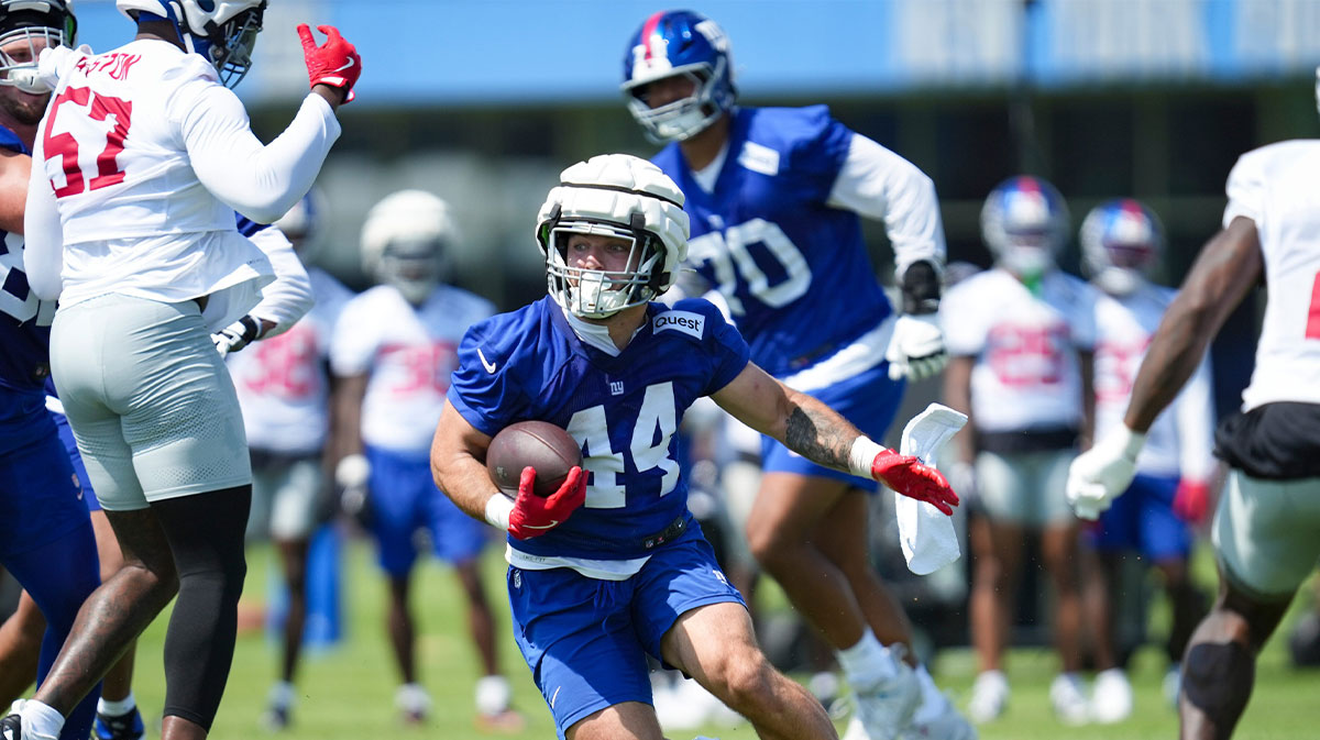 New York Giants running back Cam Skattebo (44) runs the ball on day two of training camp at Quest Diagnostics Giants Training Center, July 24, 2025, East Rutherford, NJ, USA.