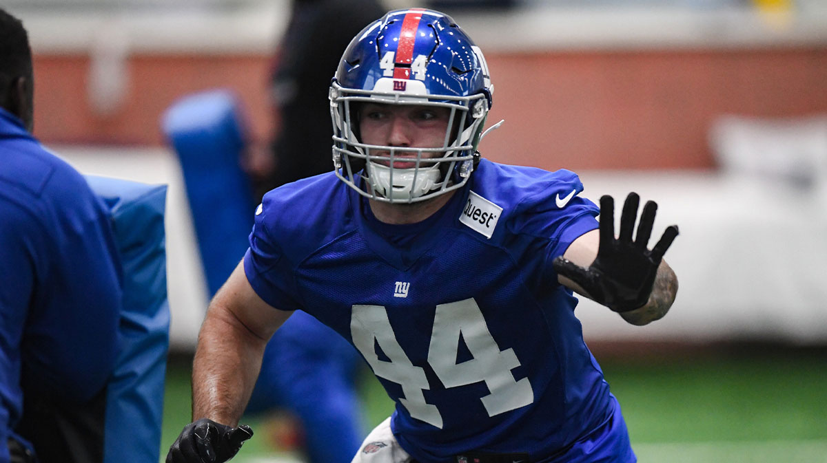 New York Giants running back Cam Skattebo (44) participates in a drill during rookie minicamp at Quest Diagnostics Training Center.