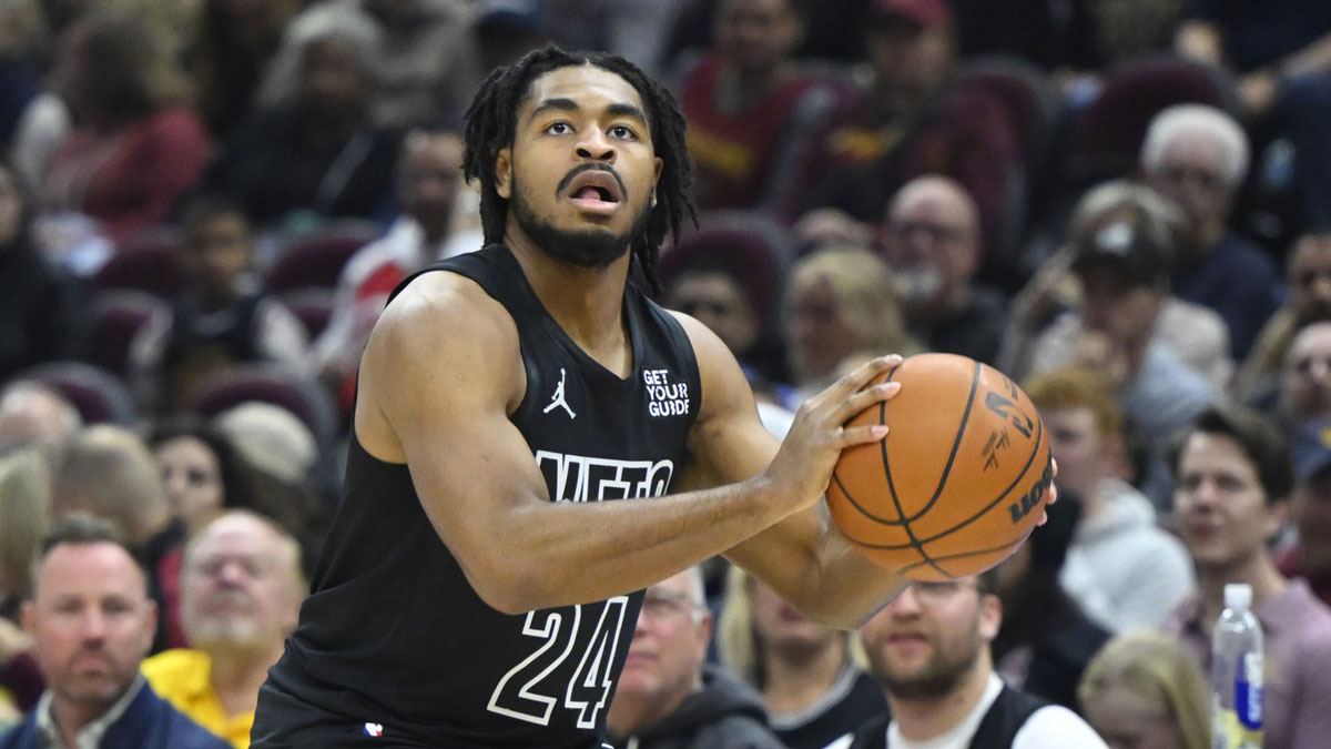 Brooklyn Nets guard Cam Thomas (24) looks on during a break against the Charlotte Hornets during the second quarter at Spectrum Center.