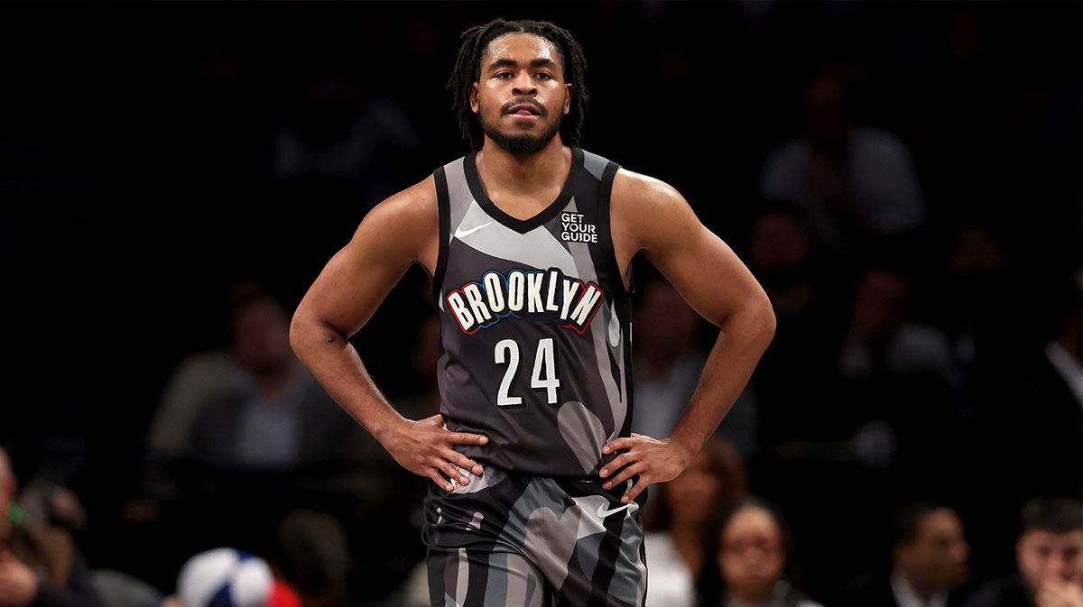 Brooklyn Nets guard Cam Thomas (24) reacts during the second quarter against the Portland Trail Blazers at Barclays Center.