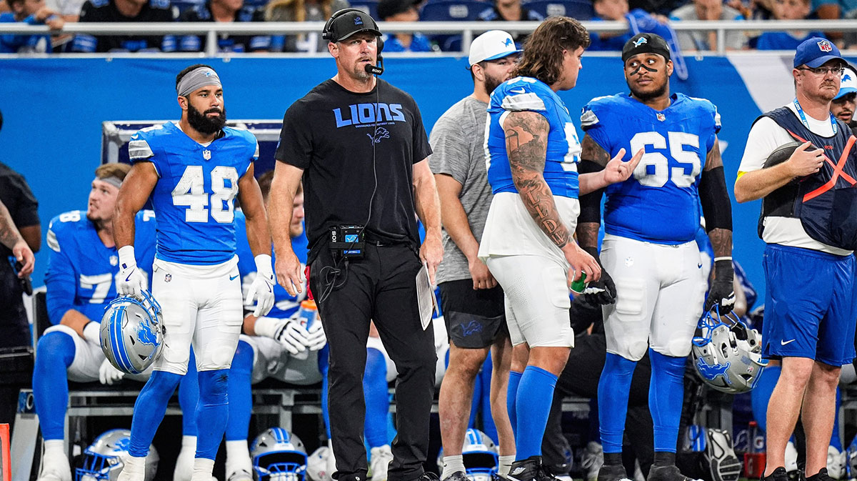 Detroit Lions head coach Dan Campbell watches a play against Houston Texans during the second half at Ford Field in Detroit on Saturday, August 23, 2025.