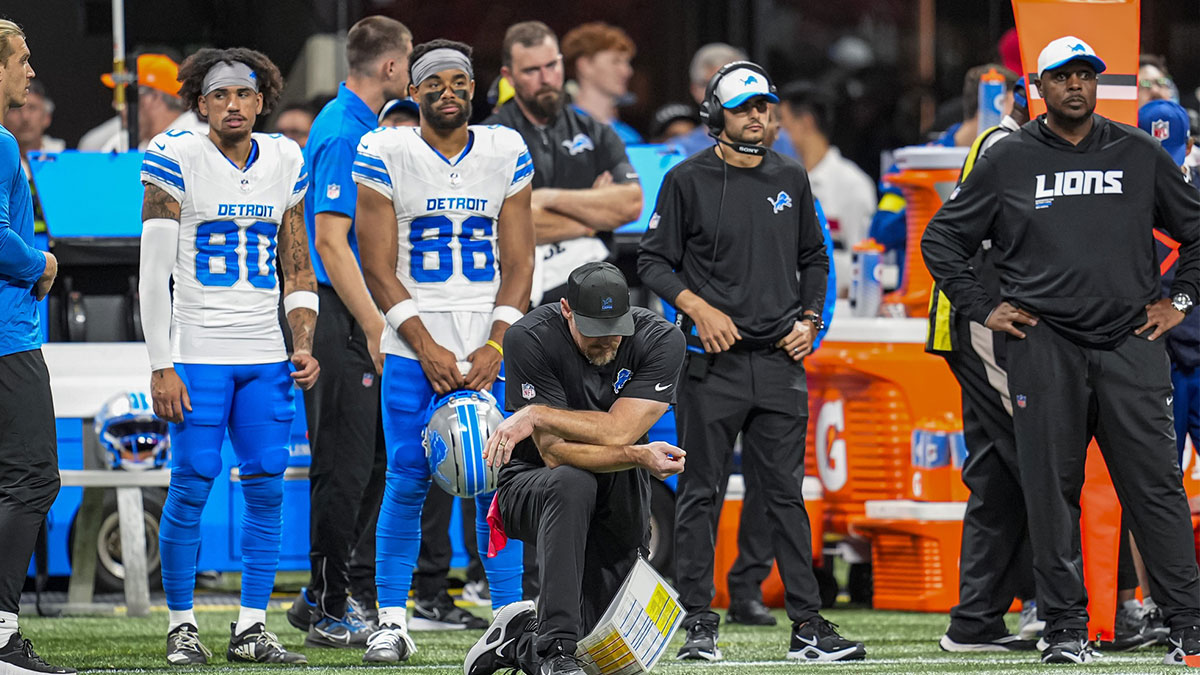 Detroit Lions head coach Dan Campbell reacts on the field after an injury to safety Morice Norris (26) (not shown) during the game against the Atlanta Falcons at Mercedes-Benz Stadium.