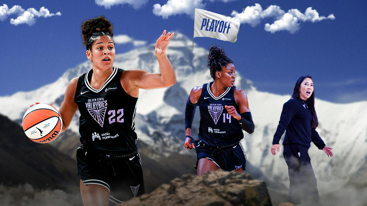 Natalie Nakase, Temi Fagbenle, and Veronica Burton walking up a tall mountain with a sign at the top that says "Playoffs"