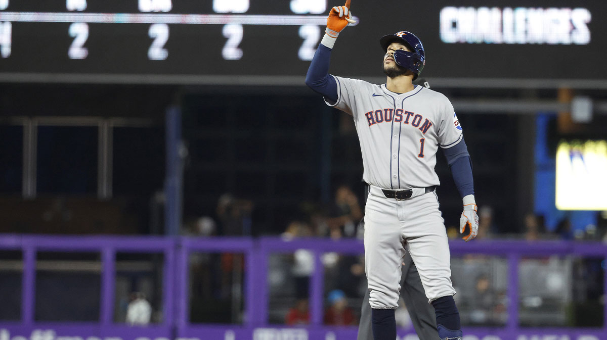 Houston Astros shortstop Carlos Correa (1) reacts to his double against the Miami Marlins during the fifth inning at loanDepot Park.