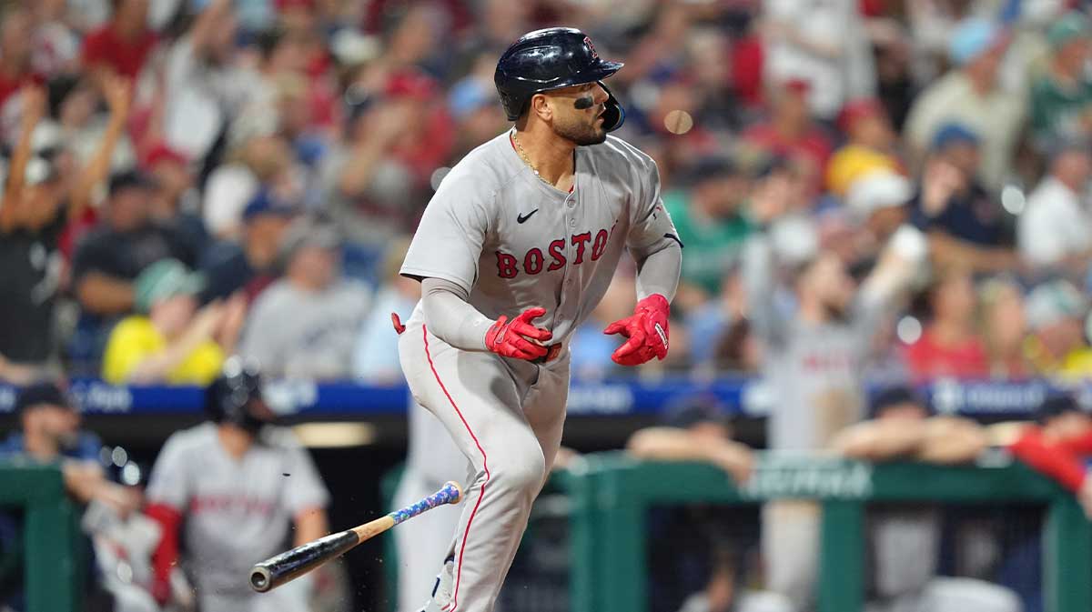Boston Red Sox catcher Carlos Narvaez (75) watches the ball after hitting a two-run home run against the Philadelphia Phillies in the eleventh inning at Citizens Bank Park.