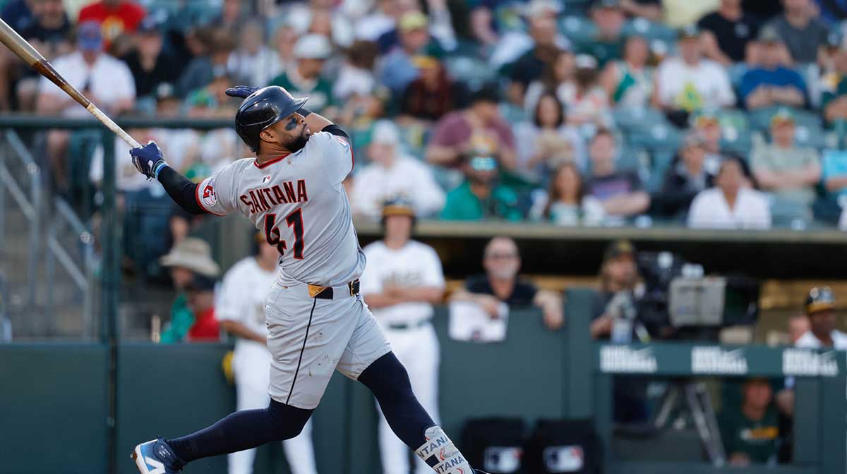 Jun 20, 2025; West Sacramento, California, USA; Cleveland Guardians first base Carlos Santana (41) bats during the game against the Athletics at Sutter Health Park.