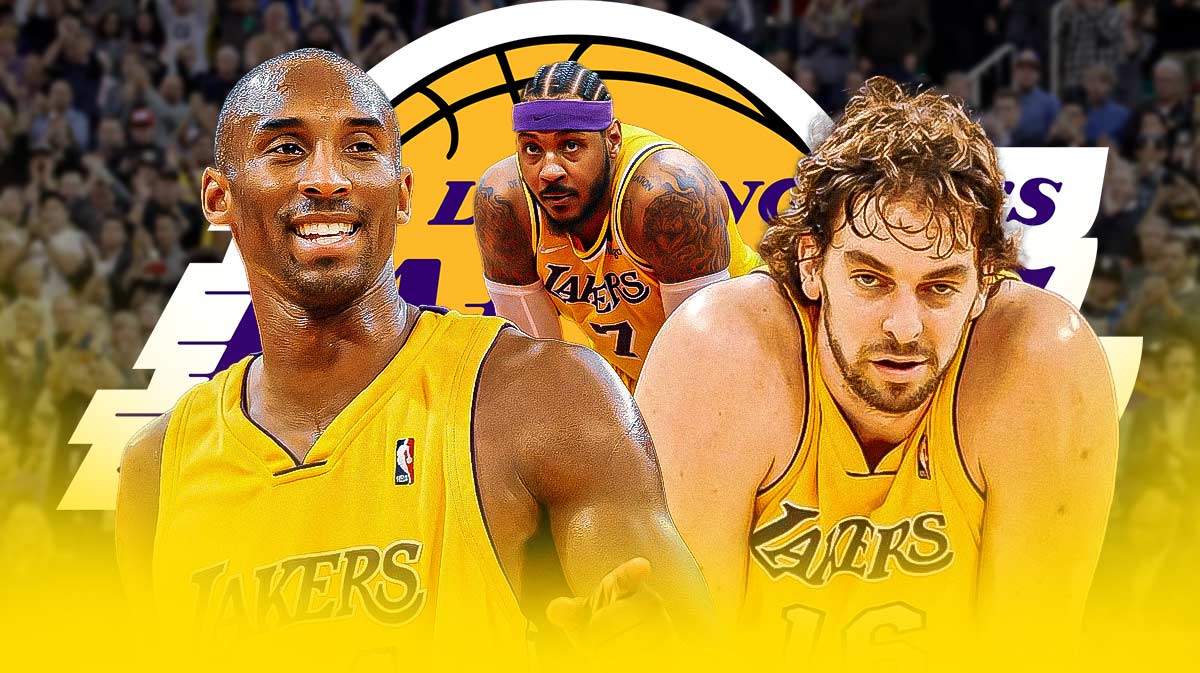 Carmelo Anthony with Kobe Bryant and Pau Gasol with the Los Angeles Lakers logo in the background