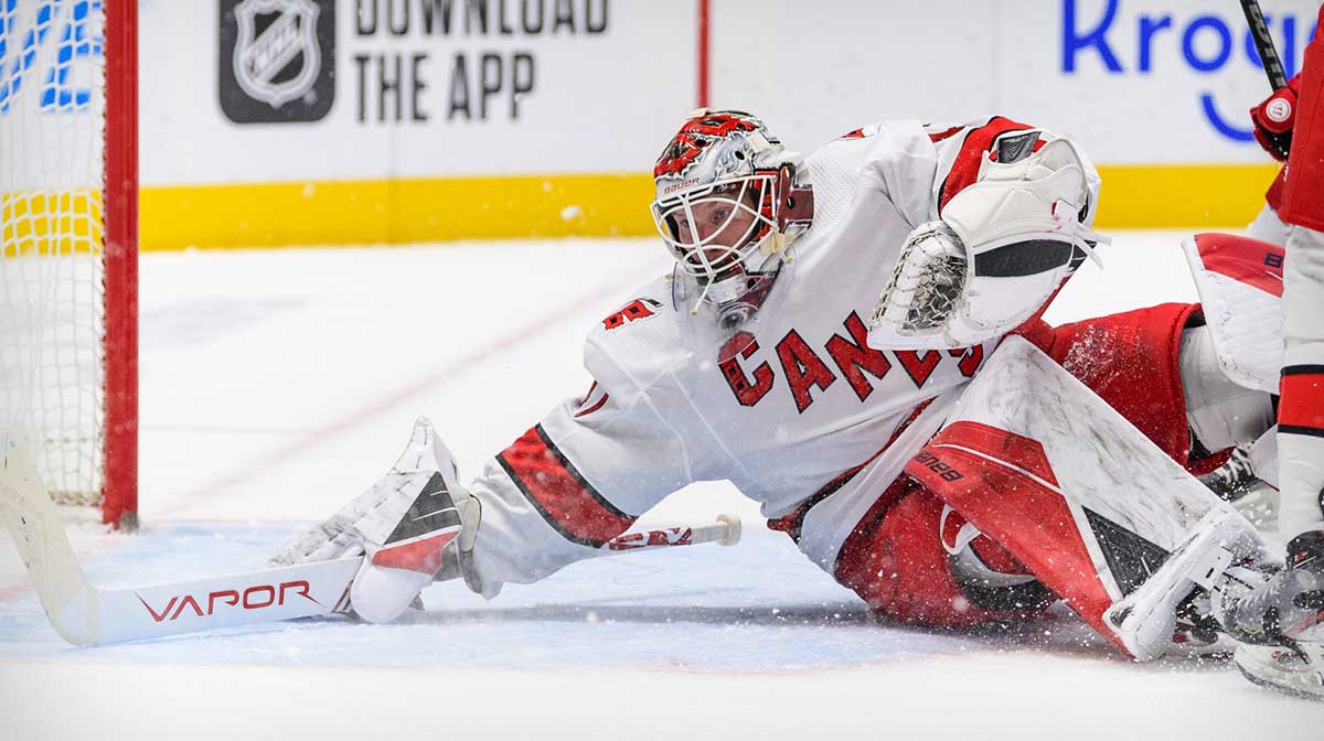  Carolina Hurricanes goaltender James Reimer (47) makes a save on a Dallas Stars shot during the second period at the American Airlines Center.
