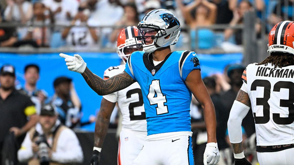 Carolina Panthers wide receiver Tetairoa McMillan (4) reacts in the first quarter at Bank of America Stadium.