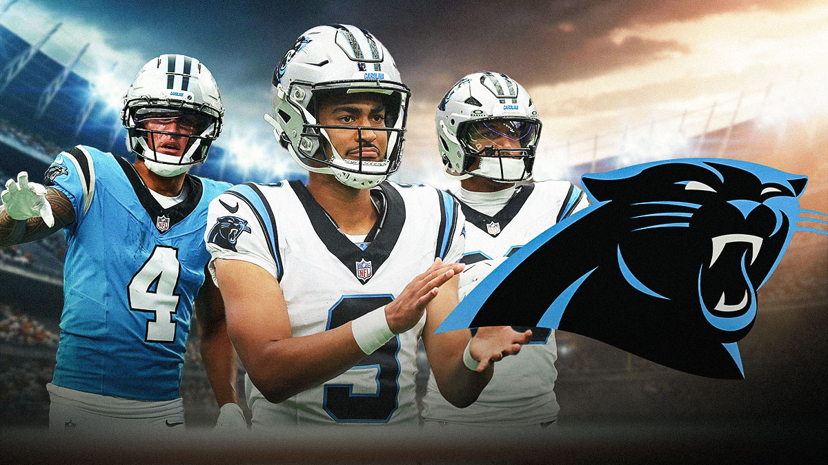 Bryce Young, Chuba Hubbard, Tetairoa McMillan all beside each other, Carolina Panthers logo in the background