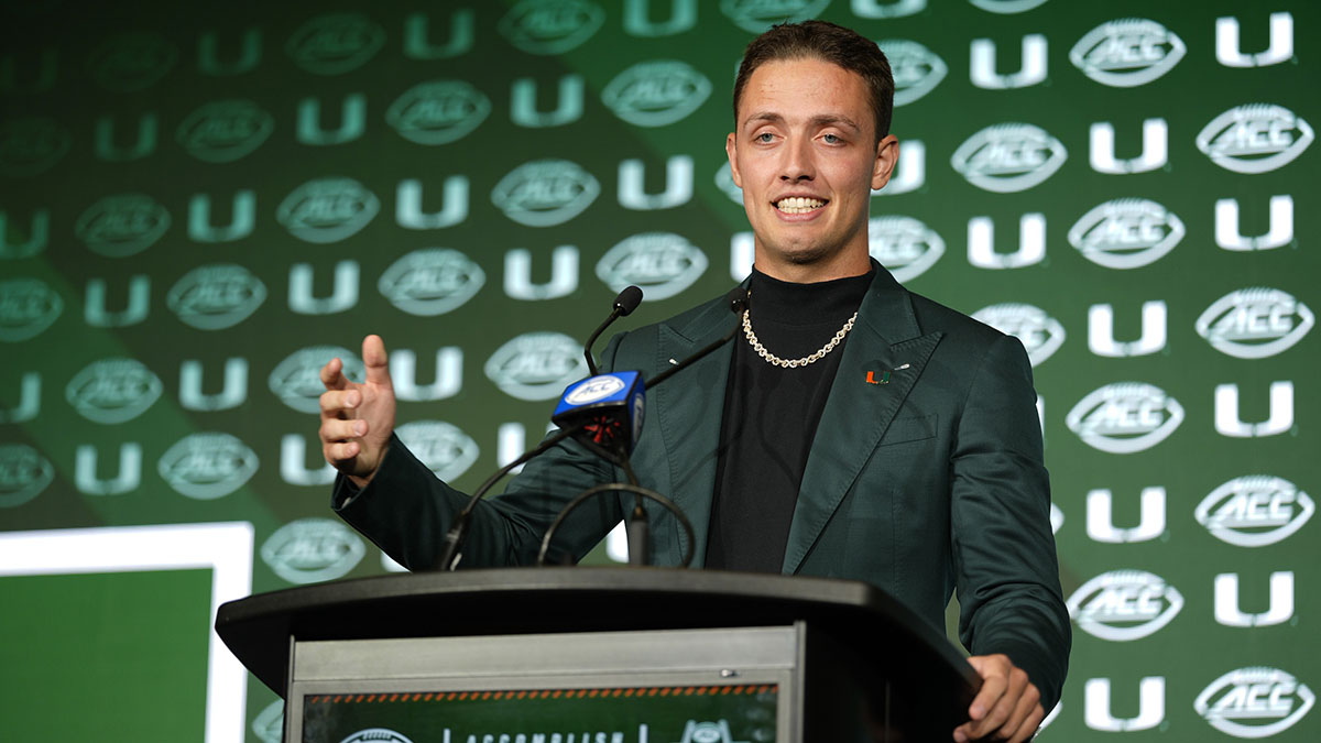 Miami quarterback Carson Beck answers questions from the media during ACC Media Days at Hilton Charlotte Uptown.