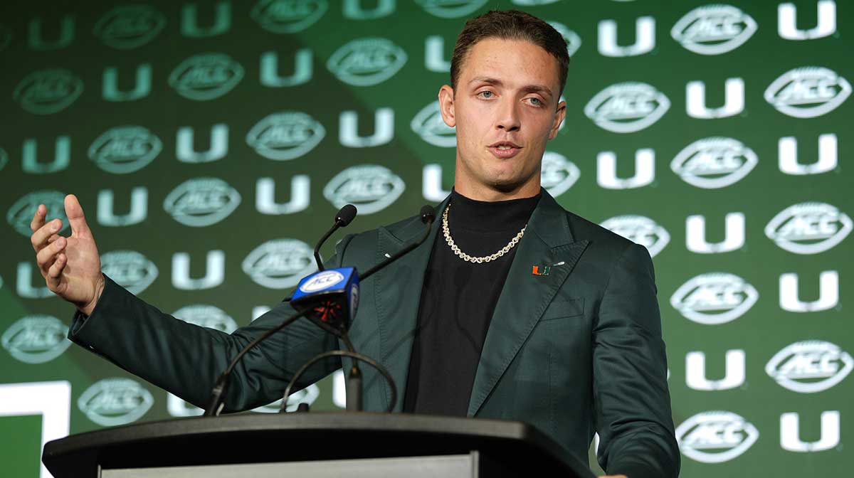 Miami quarterback Carson Beck answers questions from the media during ACC Media Days at Hilton Charlotte Uptown.