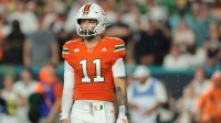 Miami Hurricanes quarterback Carson Beck (11) during the first quarter at Hard Rock Stadium.