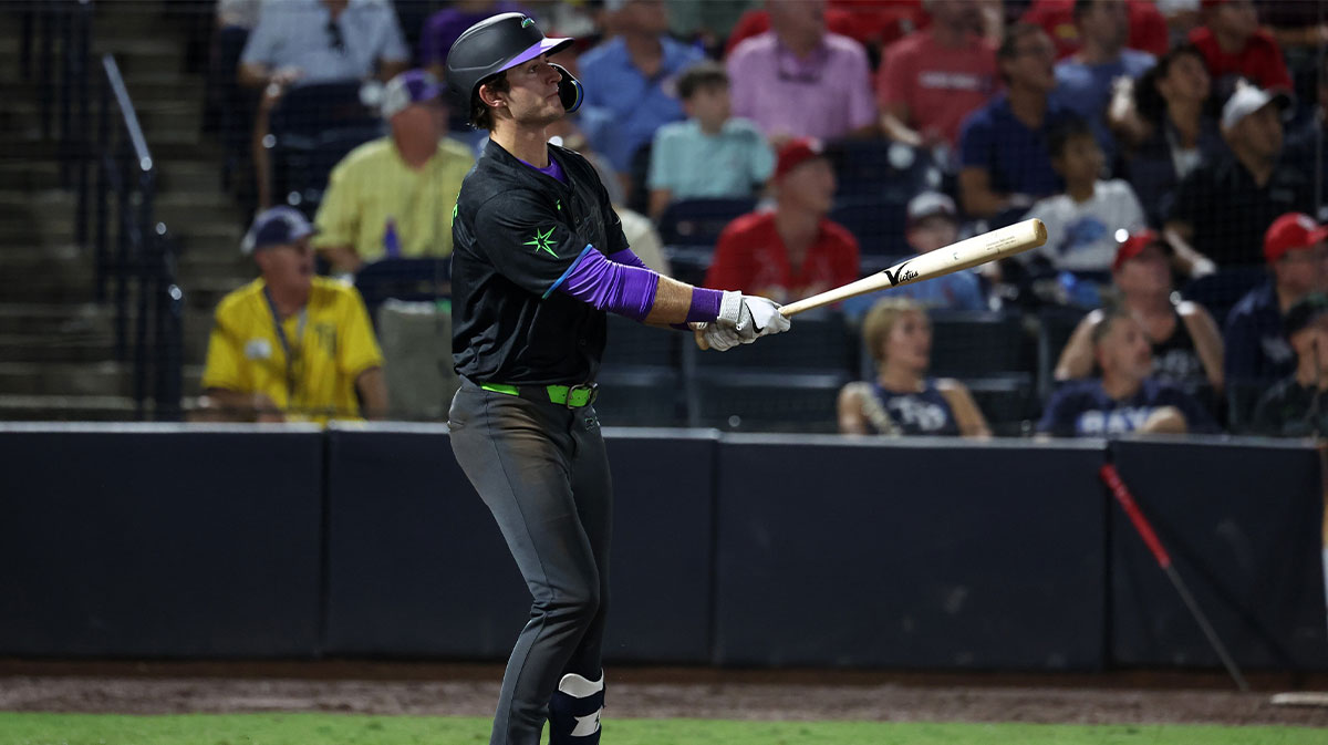 Tampa Bay Rays shortstop Carson Williams (77) hits a two-run home run during the seventh inning against the St. Louis Cardinals at George M. Steinbrenner Field.