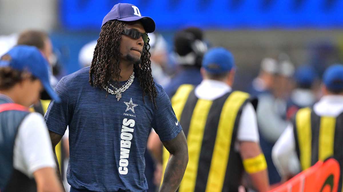 Dallas Cowboys wide receiver CeeDee Lamb (88) looks on from the sidelines during the game against the Los Angeles Rams at SoFi Stadium.