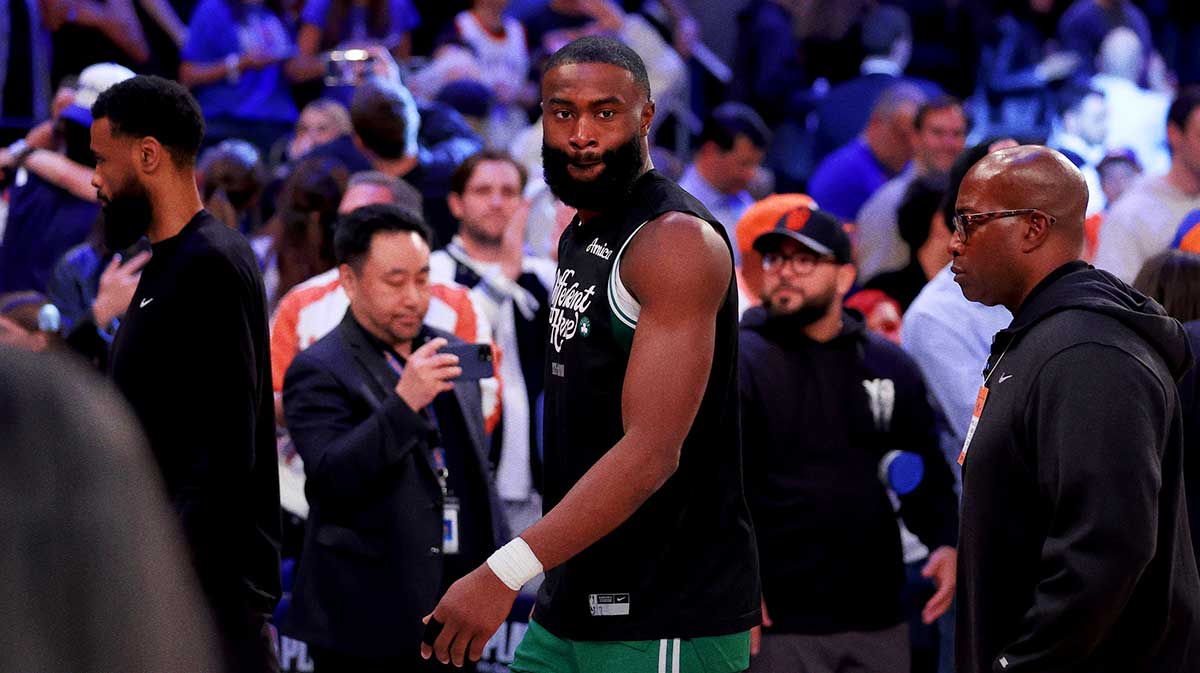 Celtics guard Jaylen Brown (7) walks off the court after losing to the New York Knicks in game six in the second round of the 2025 NBA Playoffs at Madison Square Garden