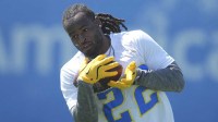 Los Angeles Chargers running back Najee Harris (22) catches the ball during offseason workouts at The Bolt.