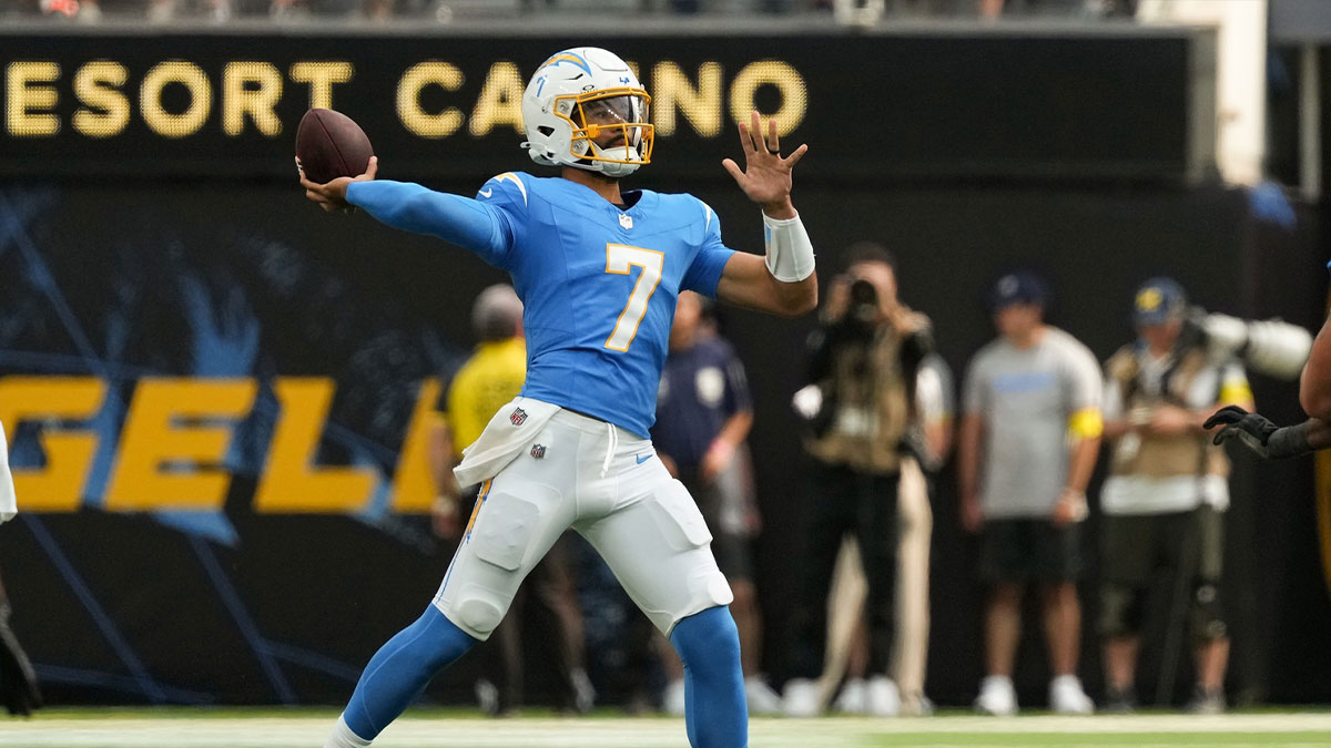 Los Angeles Chargers quarterback DJ Uiagalelei (7) throws a pass against the New Orleans Saints at SoFi Stadium.