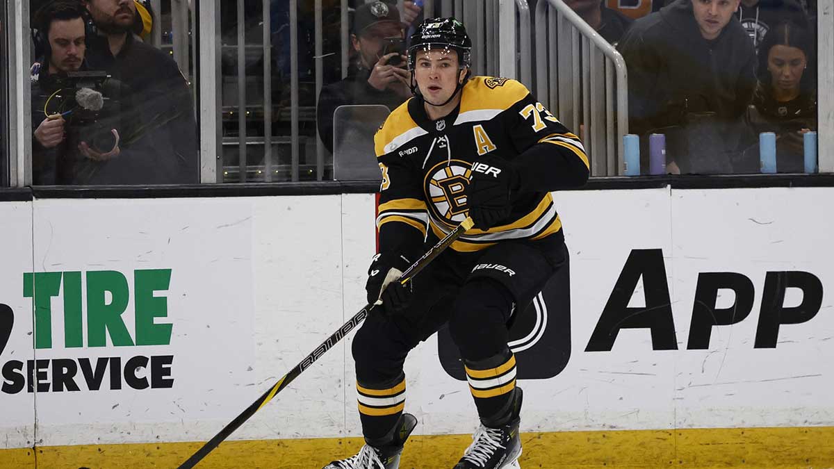 Boston Bruins defenseman Charlie McAvoy (73) against the Vegas Golden Knights during the second period at TD Garden.