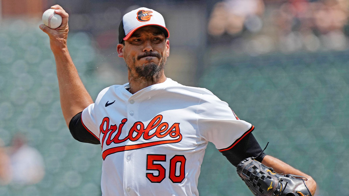 Baltimore Orioles pitcher Charlie Morton (50) delivers during the first inning against the Toronto Blue Jays at Oriole Park at Camden Yards.