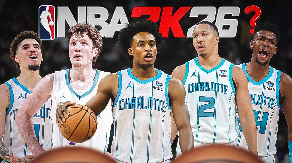 Charlotte Hornets NBA 2K26 ratings that are 100% wrong. LaMelo Ball, Kon Knueppel, Brandon Miller, Collin Sexton, Grant Williams in hornets jersey with the 2K26 logo at the top with a single question mark.