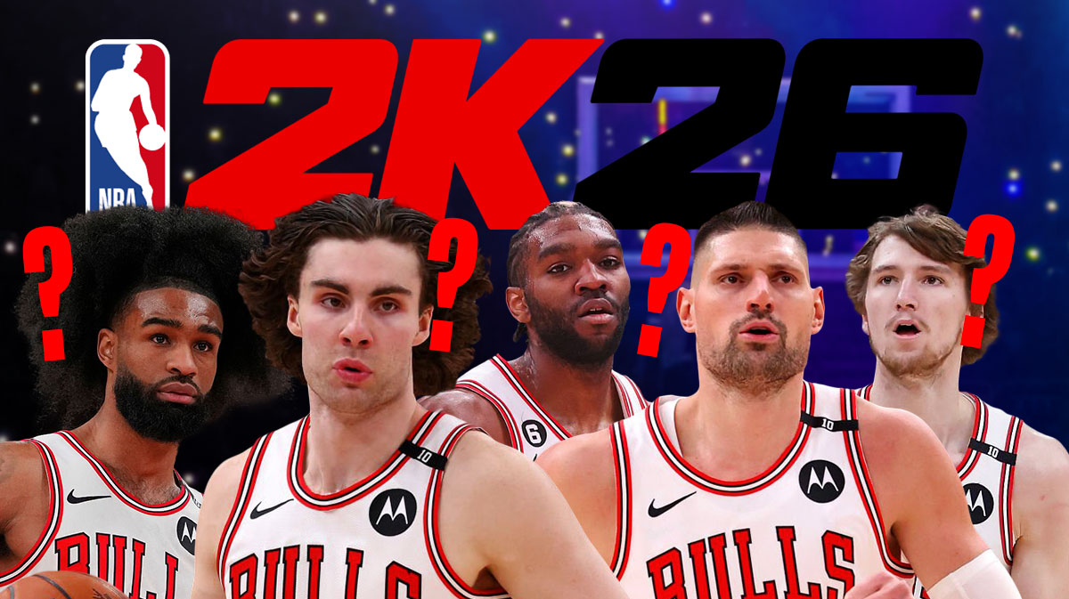 Chicago Bulls NBA 2K26 ratings that are 100% wrong. Coby White, Josh Giddey, Patrick Williams, Nikola Vučević and Matas Buzelis in the Bulls jersey with the 2k26 logo at the top with a single question mark.
