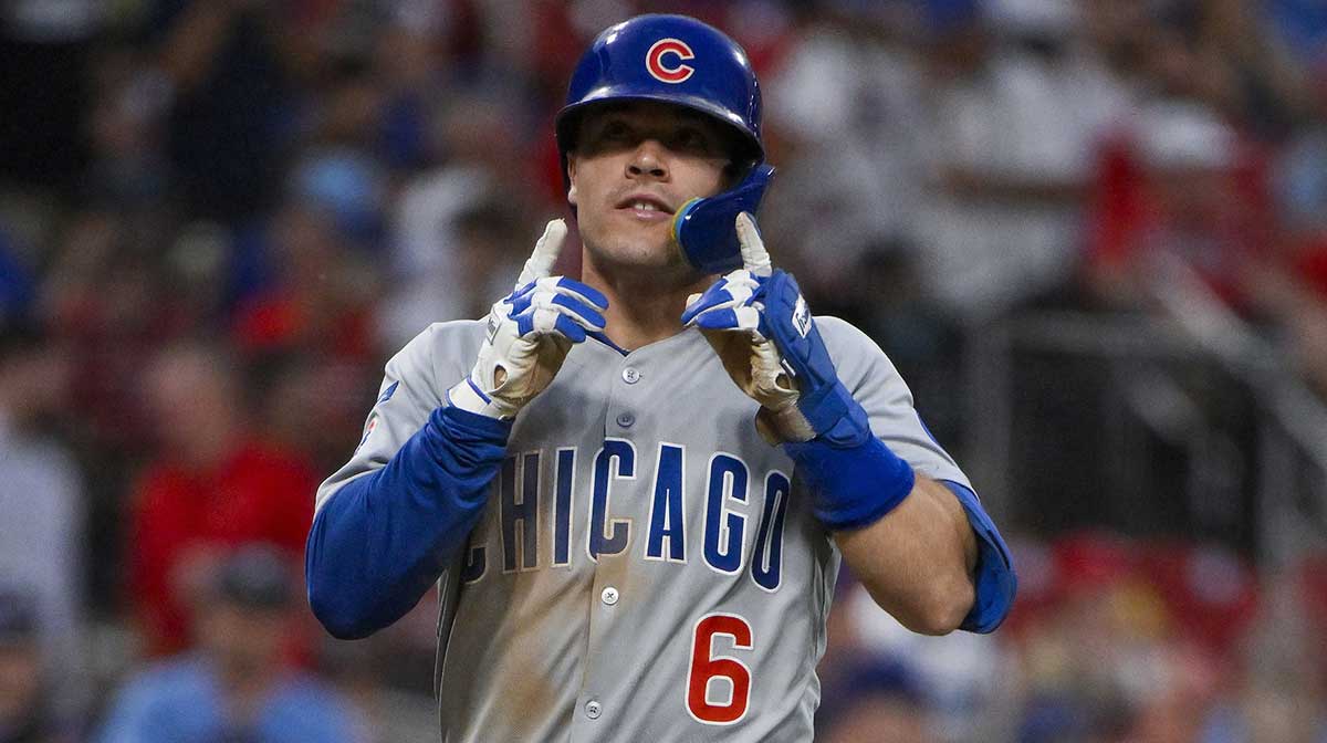 Aug 9, 2025; St. Louis, Missouri, USA; Chicago Cubs third baseman Matt Shaw (6) reacts as he runs the bases after hitting a solo home run against the St. Louis Cardinals during the fifth inning at Busch Stadium. Mandatory Credit: Jeff Curry-Imagn Images